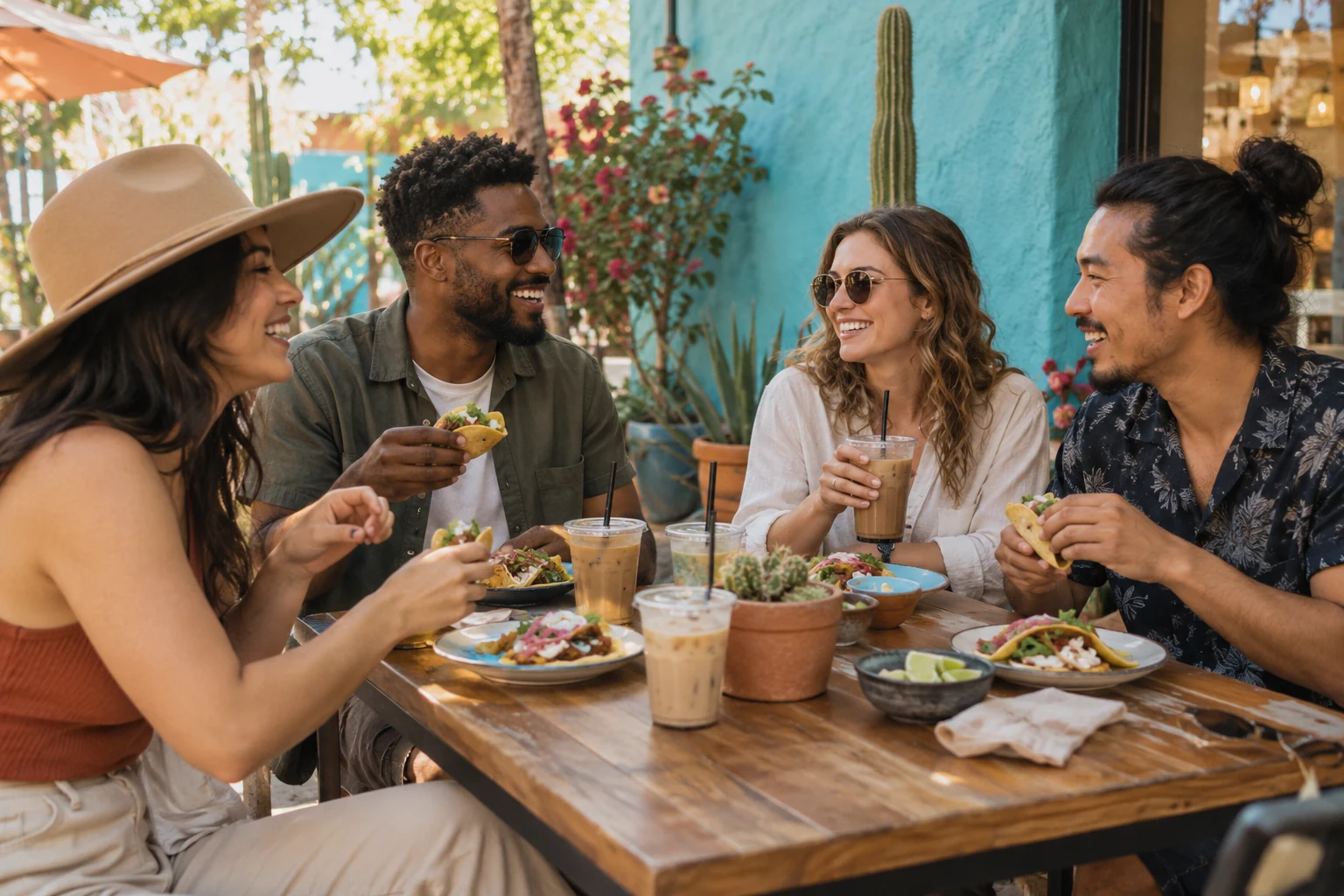 Friends sharing food on an Arizona-inspired café patio
