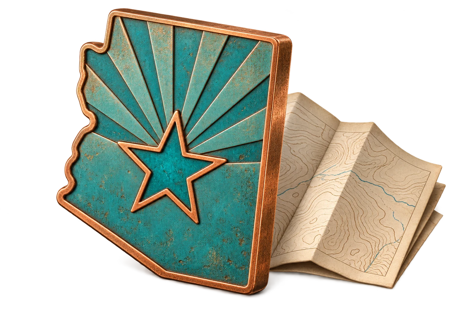 Copper Arizona treasure token with a turquoise five-point star on a folded map